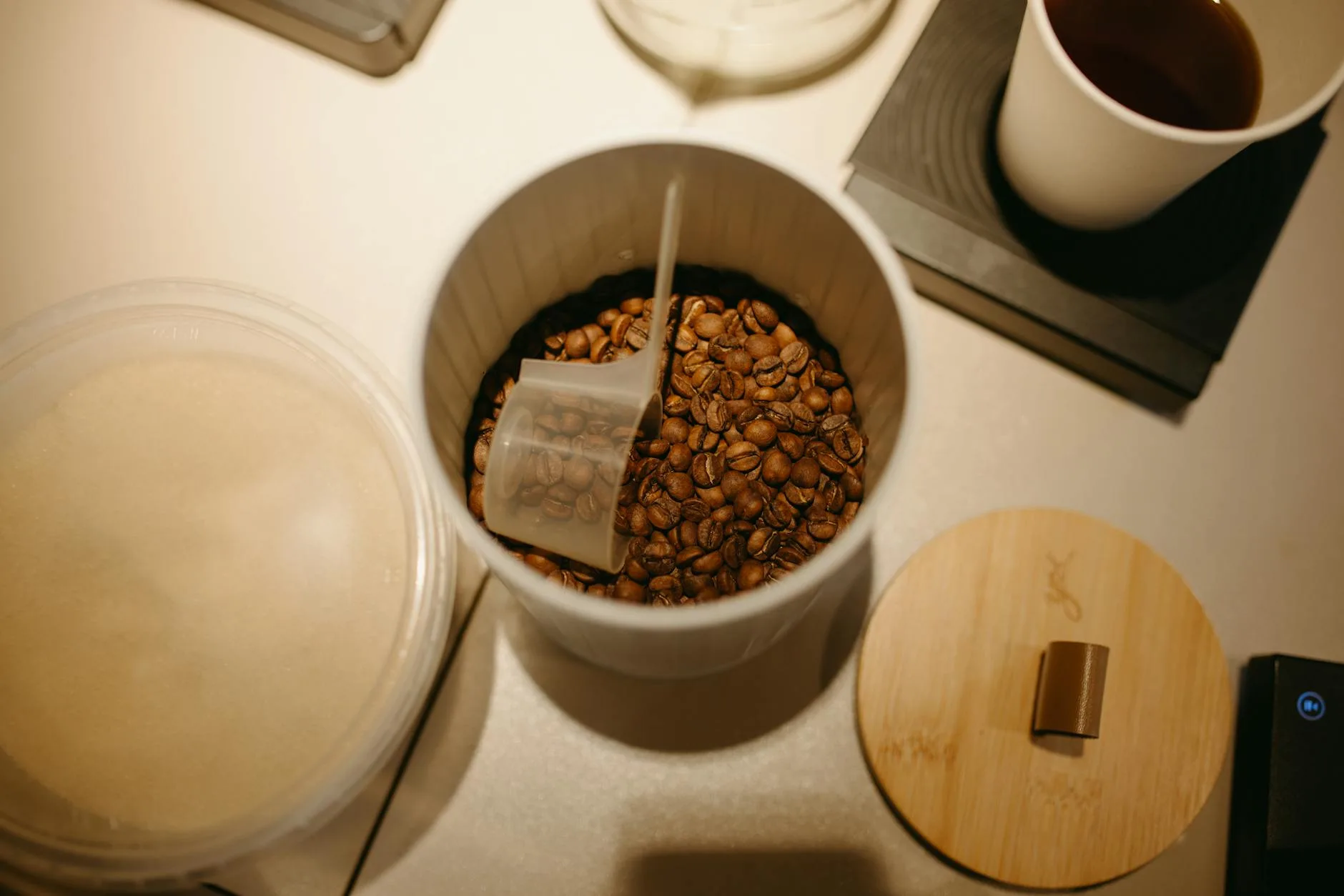 Fresh coffee beans being stored in vacuum-sealed container to preserve flavour