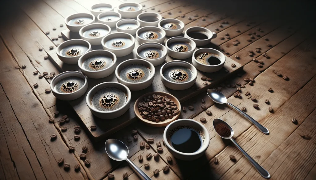 Coffee cupping session with bowls of brewed coffee on a table
