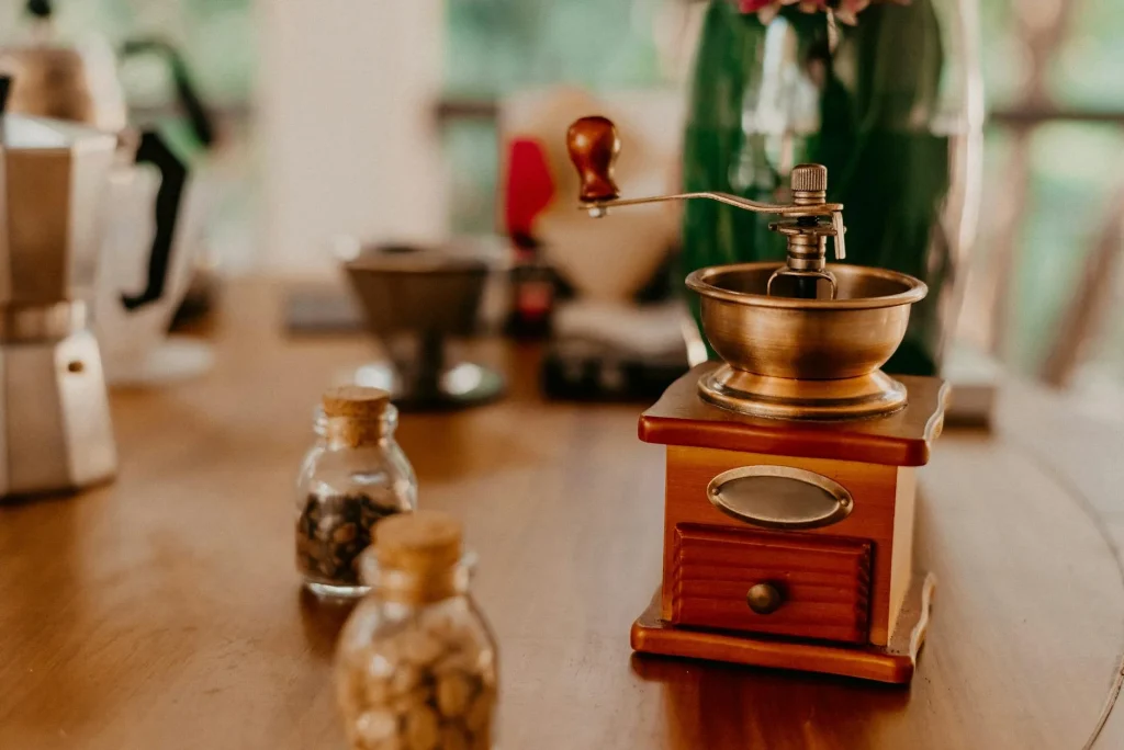 Coffee beans in a grinder ready to be ground for espresso