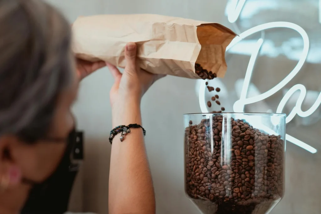 Freshly roasted speciality coffee beans in artisan bags