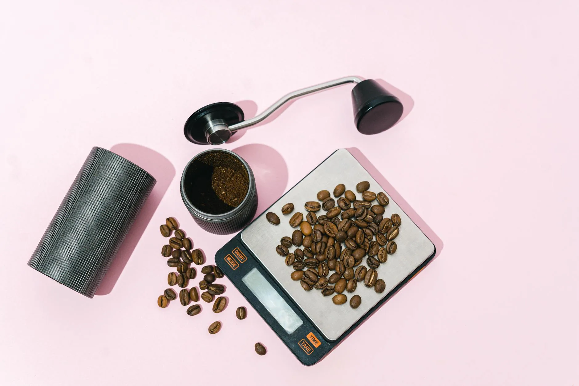 Weighing coffee beans on a digital scale for specialty brewing