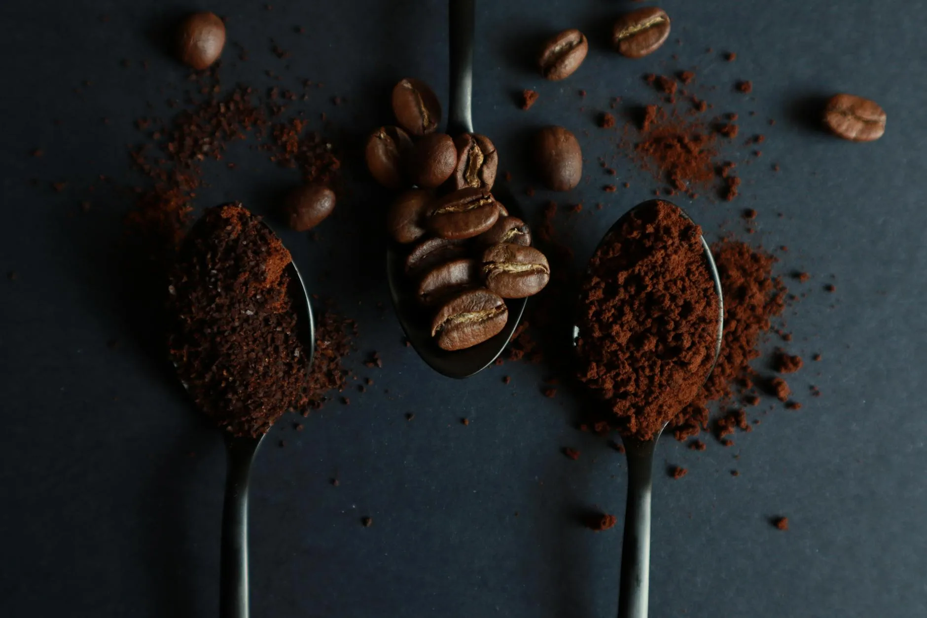 Finely ground coffee powder next to whole coffee beans