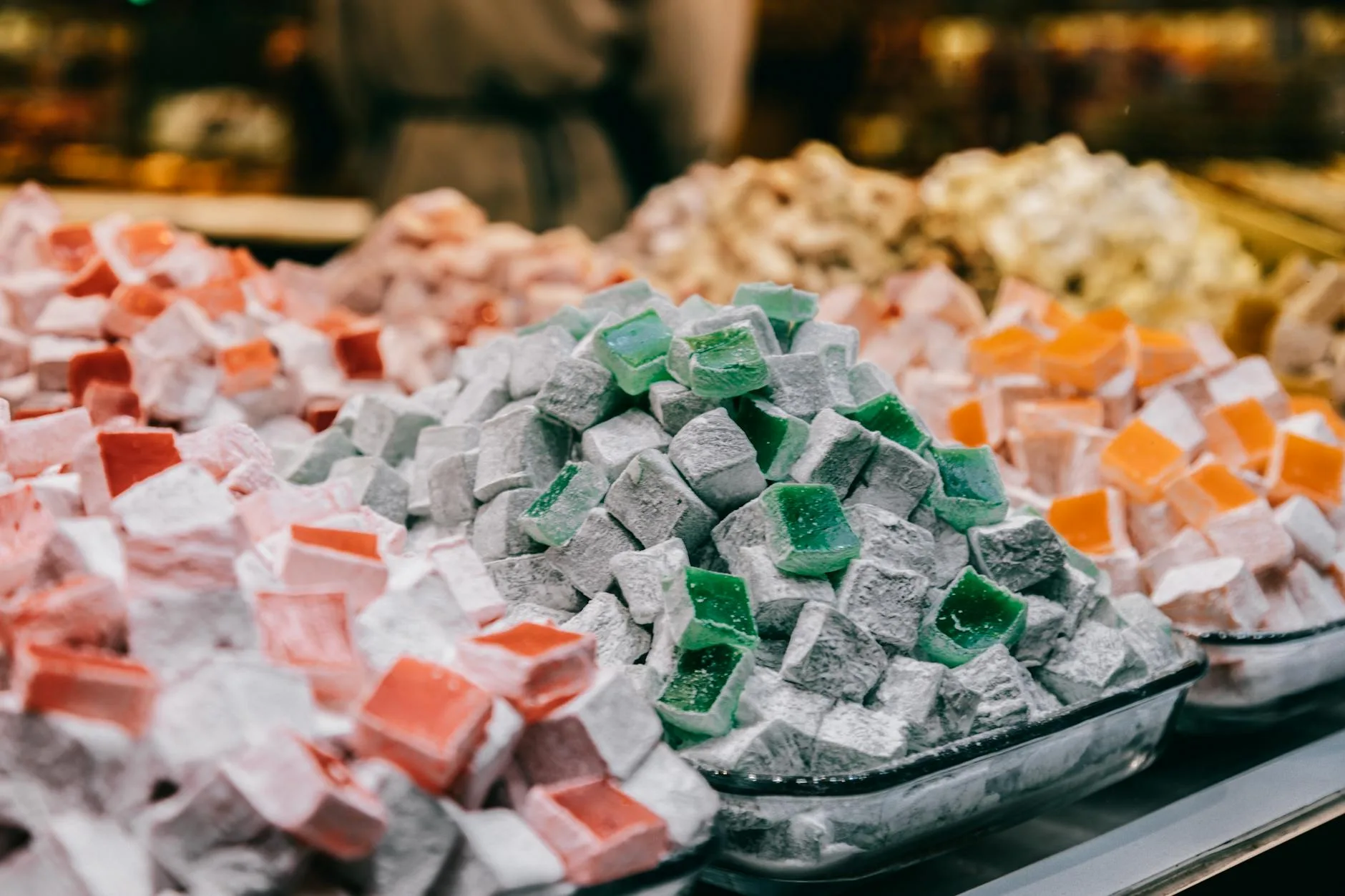 Traditional Turkish delight lokum cubes dusted in sugar