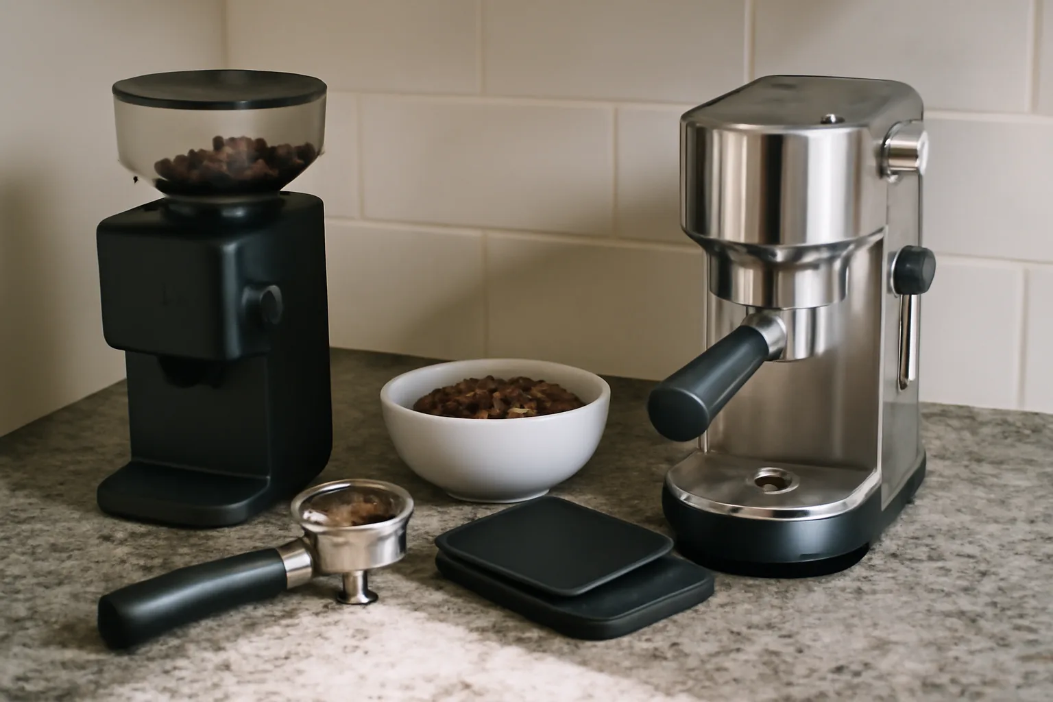 Budget home espresso grinder setup with scales on a counter
