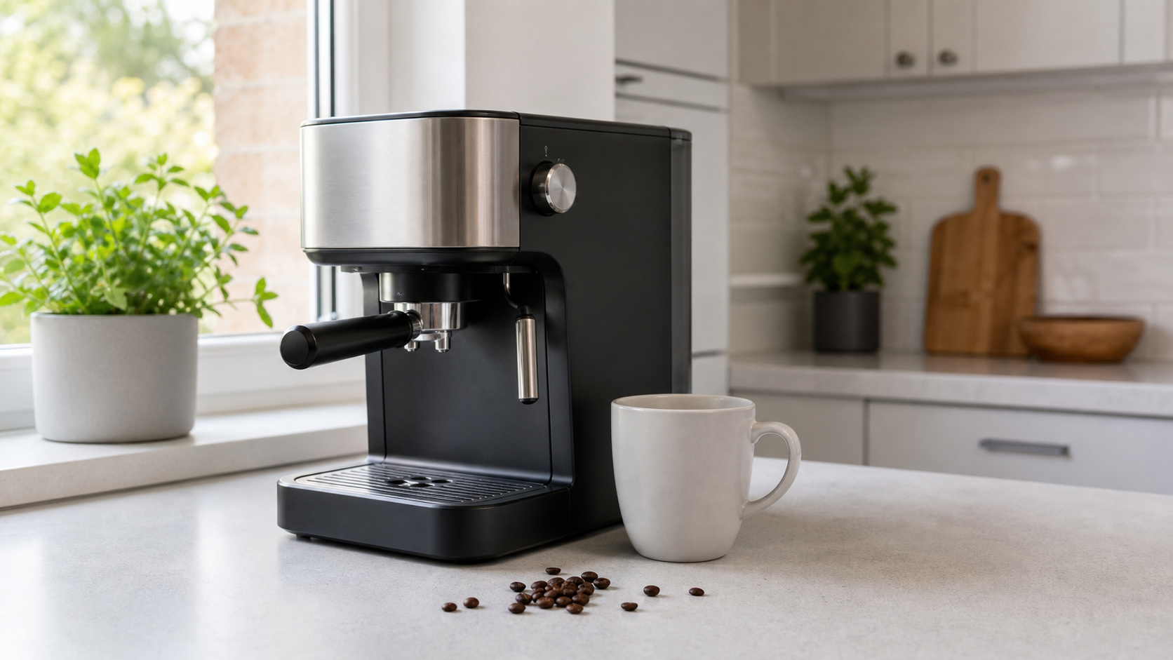 Home coffee machine ready for daily use in a UK kitchen