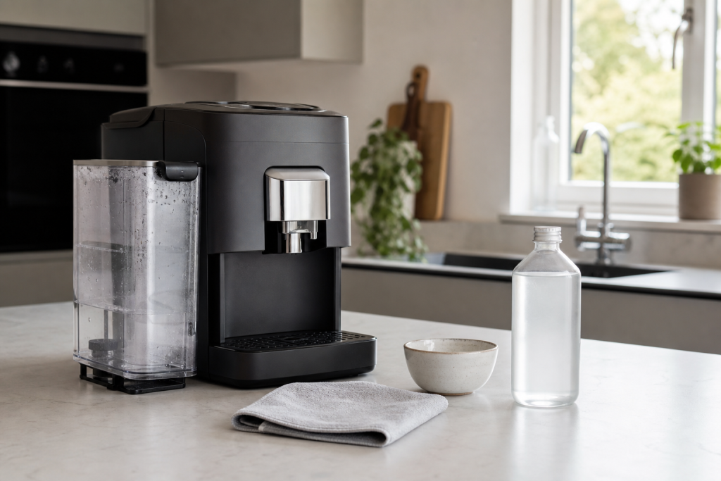 Coffee machine running cost UK setup on a kitchen counter