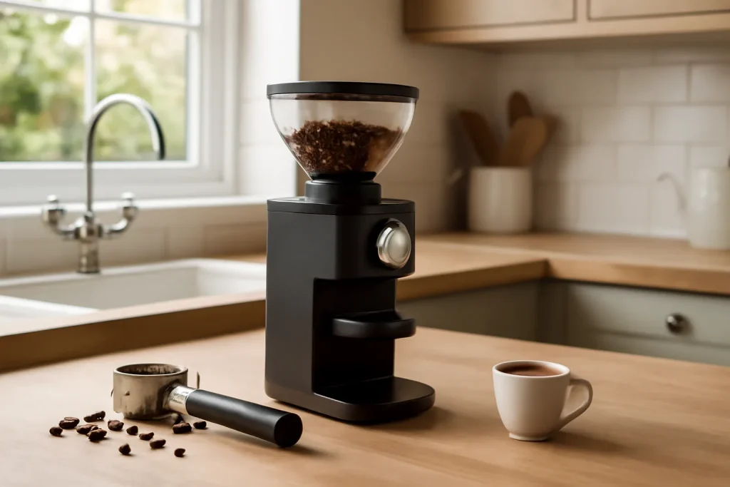 Entry-level espresso grinder beside beans and a portafilter