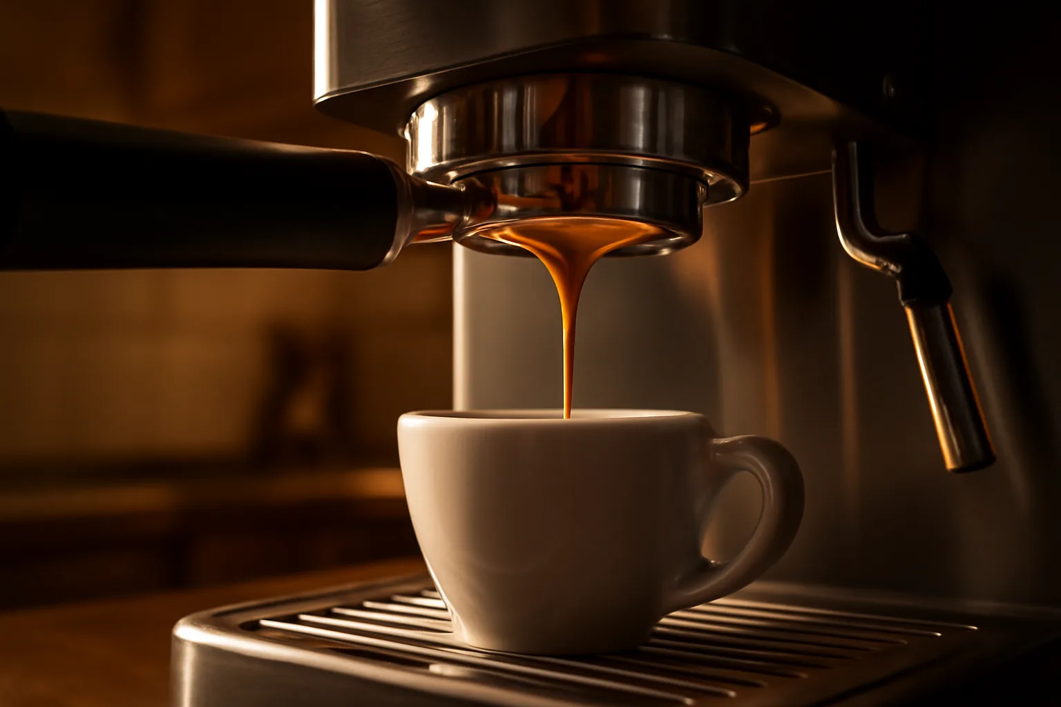 Espresso flowing from a portafilter into a cup