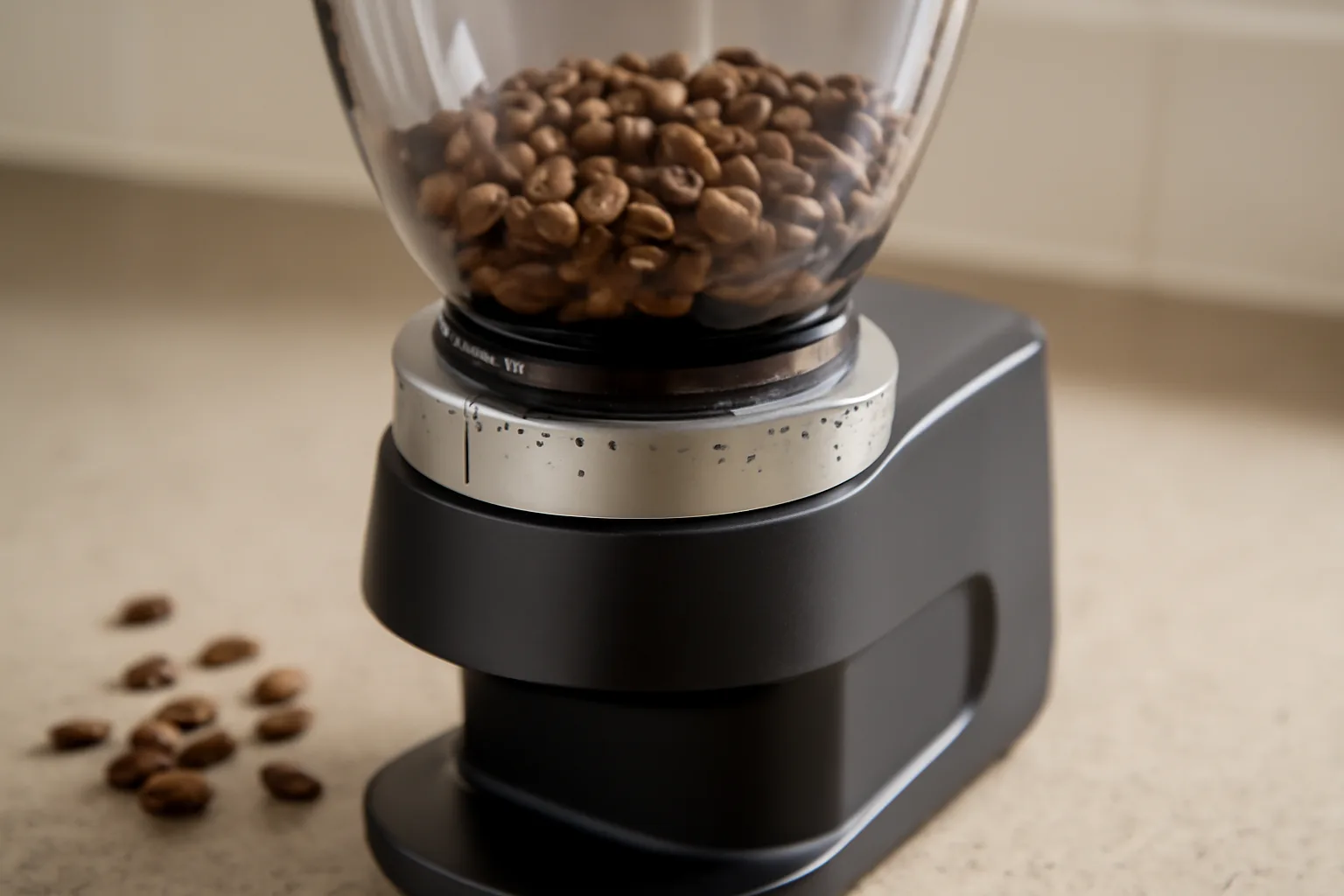 Modern coffee grinder adjustment collar with beans for espresso