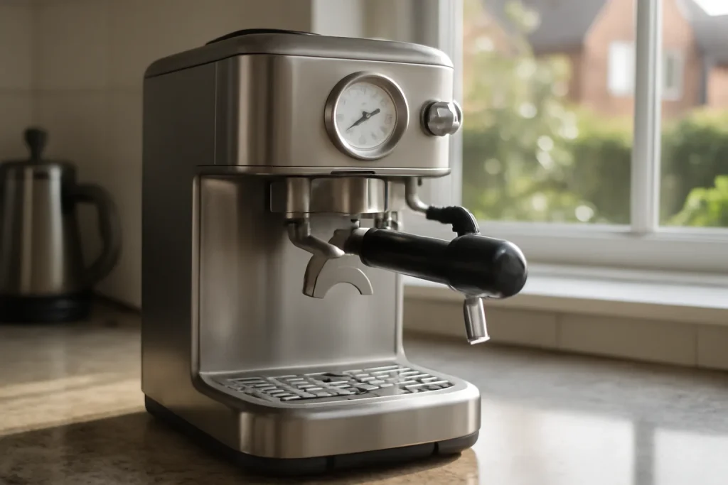 Home espresso machine with blank pressure gauge and portafilter