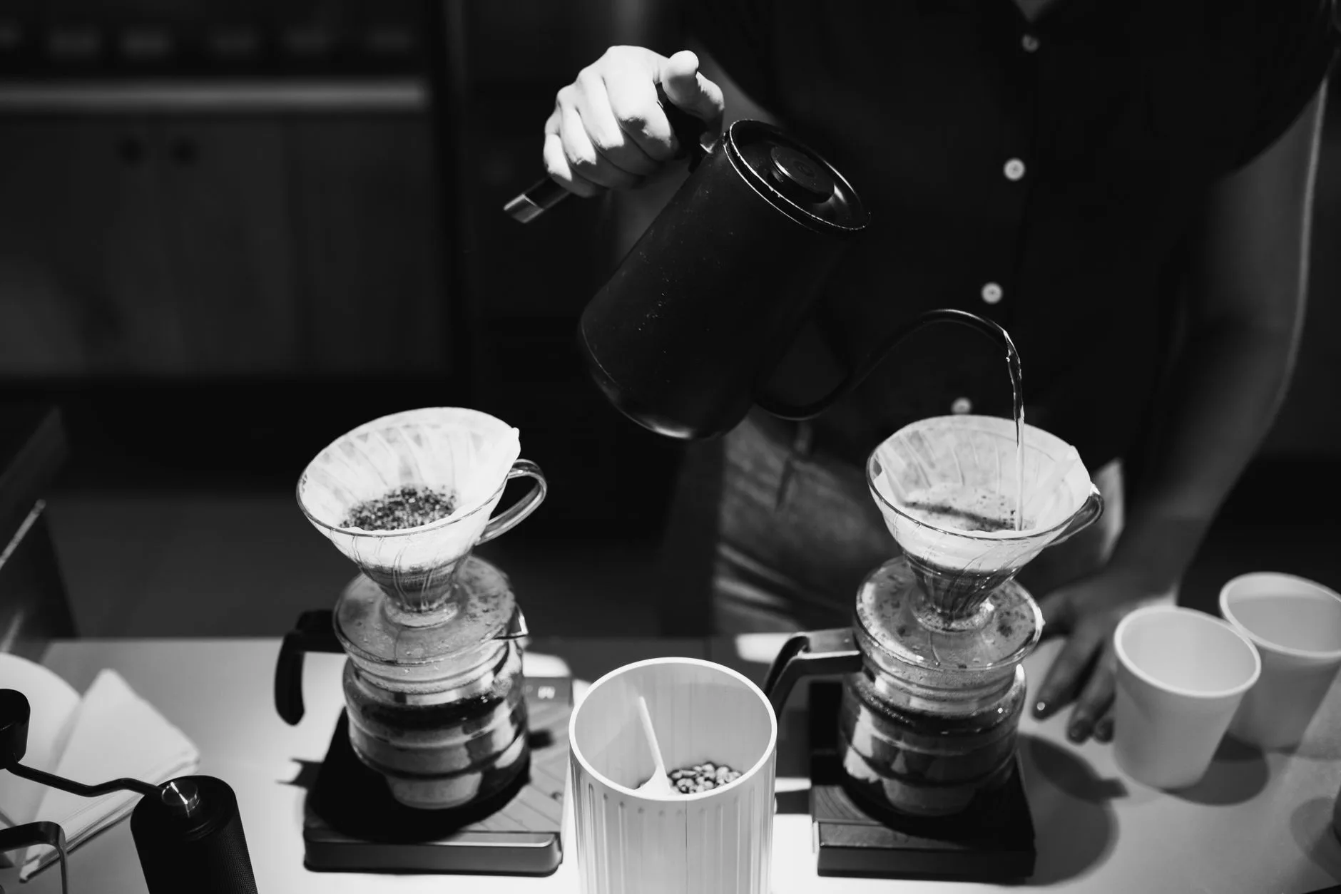 Coffee grinder and pour over brewer with fresh beans