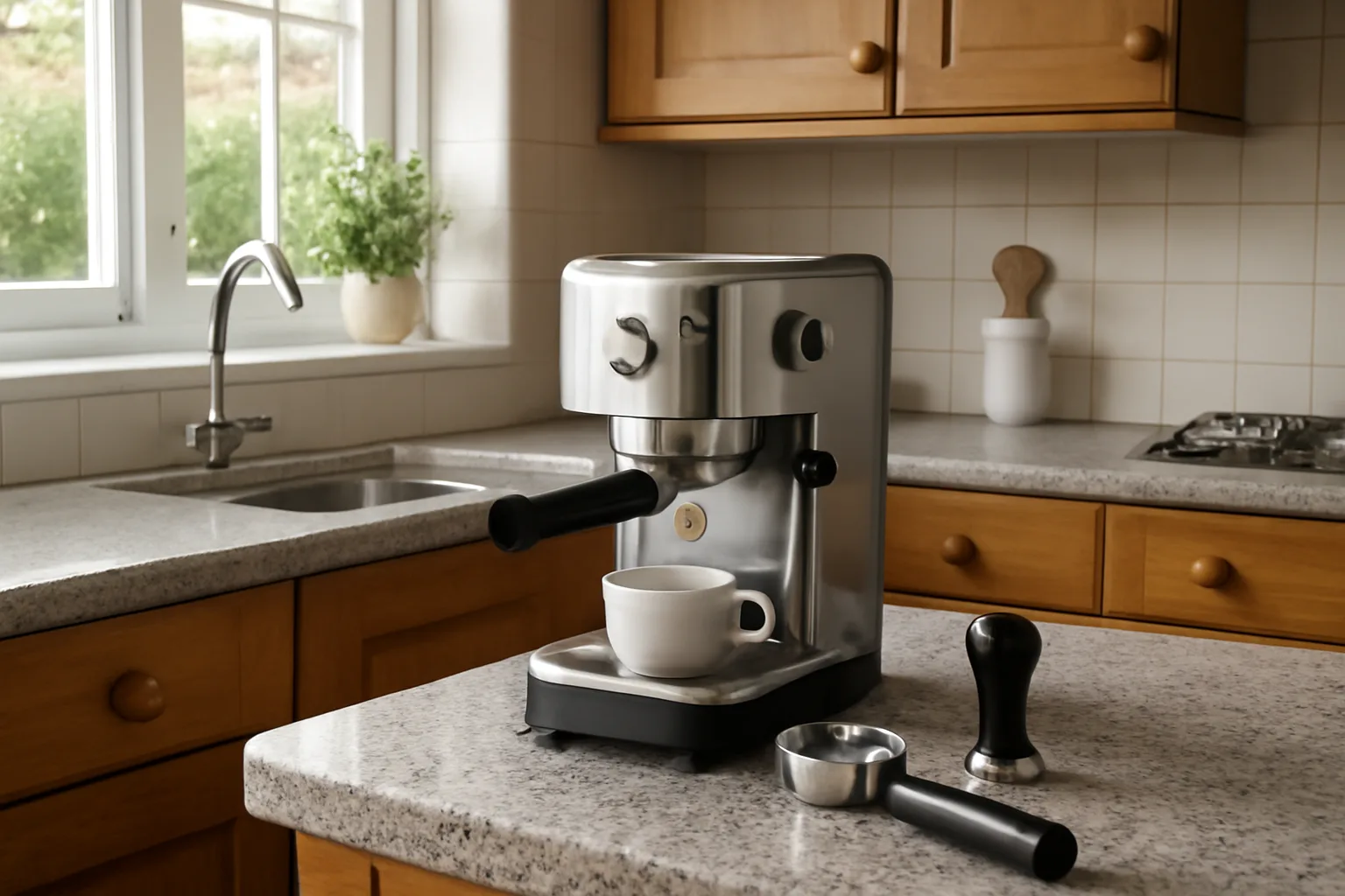 Compact home espresso machine on a kitchen counter