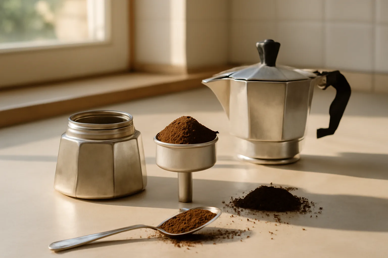 Moka pot basket and coffee grounds on a kitchen counter