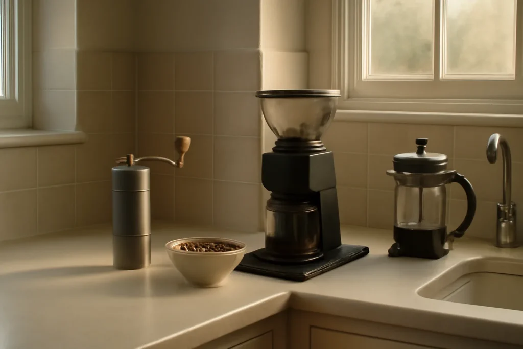 Quiet coffee grinder setup in a UK kitchen