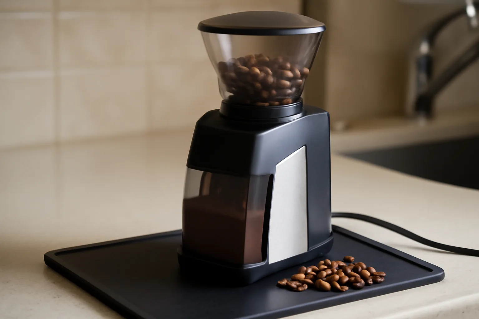 Electric burr grinder on a mat to reduce kitchen noise