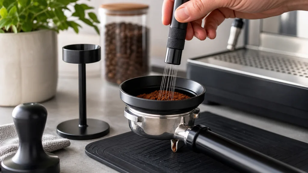 WDT tool distributing ground coffee in an espresso portafilter