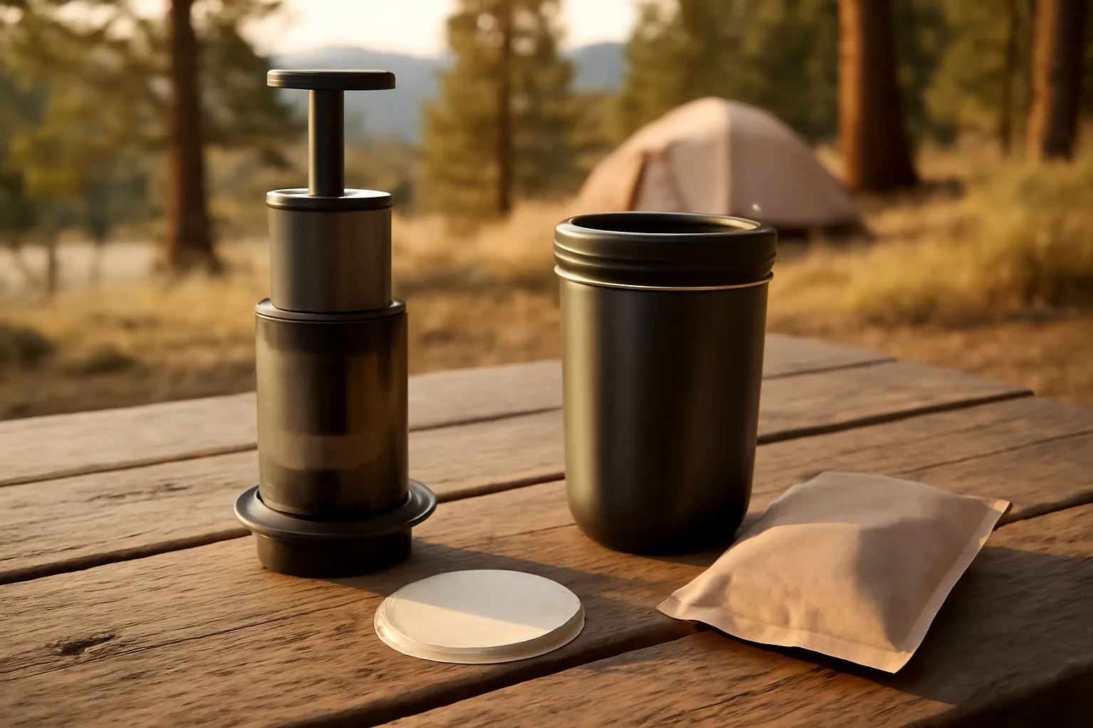 Compact plunger-style travel coffee maker beside a mug