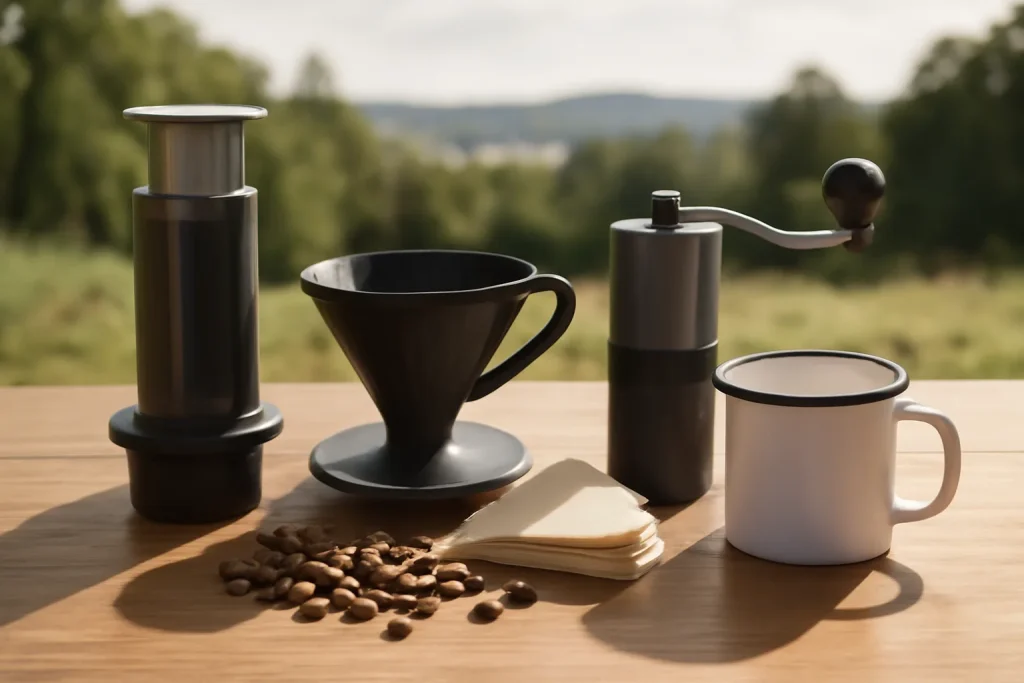 Portable travel coffee makers with grinder, filters and mug