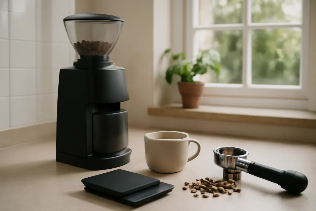 Coffee grinder and scales ready for calibration