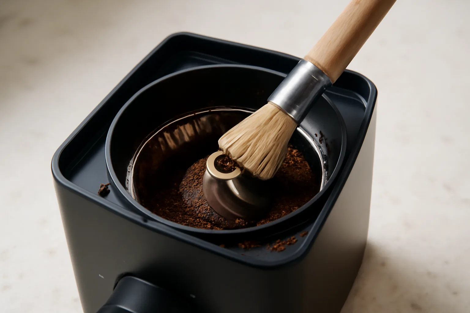 Cleaning coffee grinder burrs with a small brush