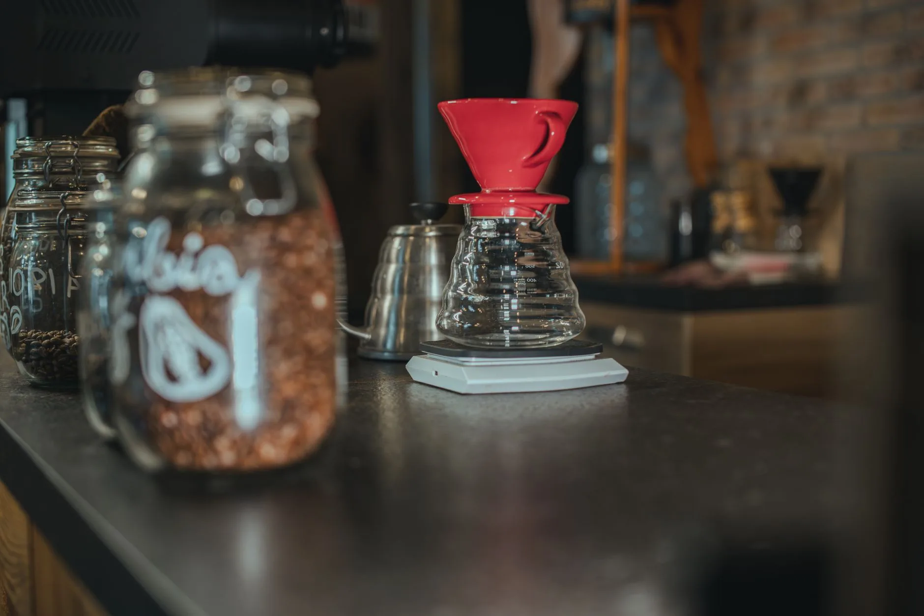 Coffee beans and digital scale for measuring brew ratios