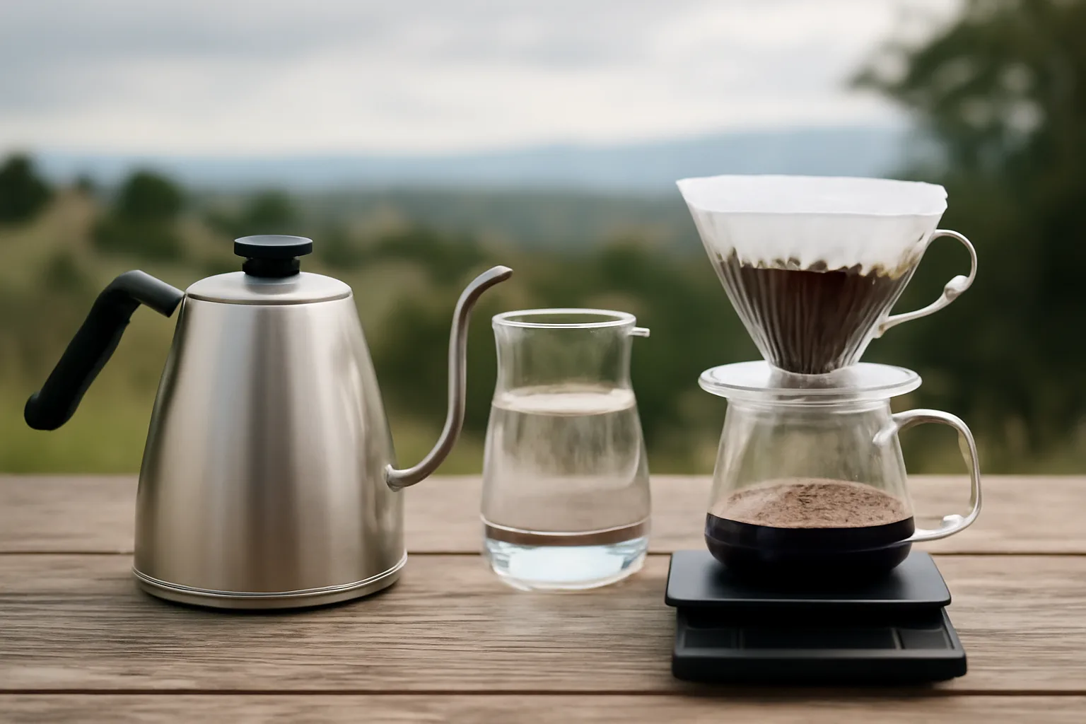 Coffee brewing water setup with kettle, dripper and scales