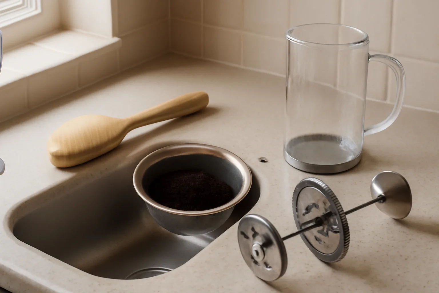 Cafetiere cleaning brush with coffee grounds and sink strainer