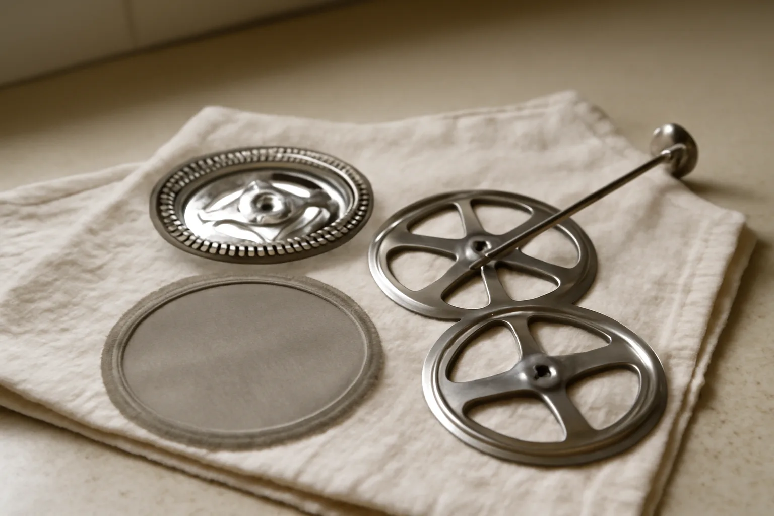 Disassembled cafetiere mesh filter and plunger parts on a towel