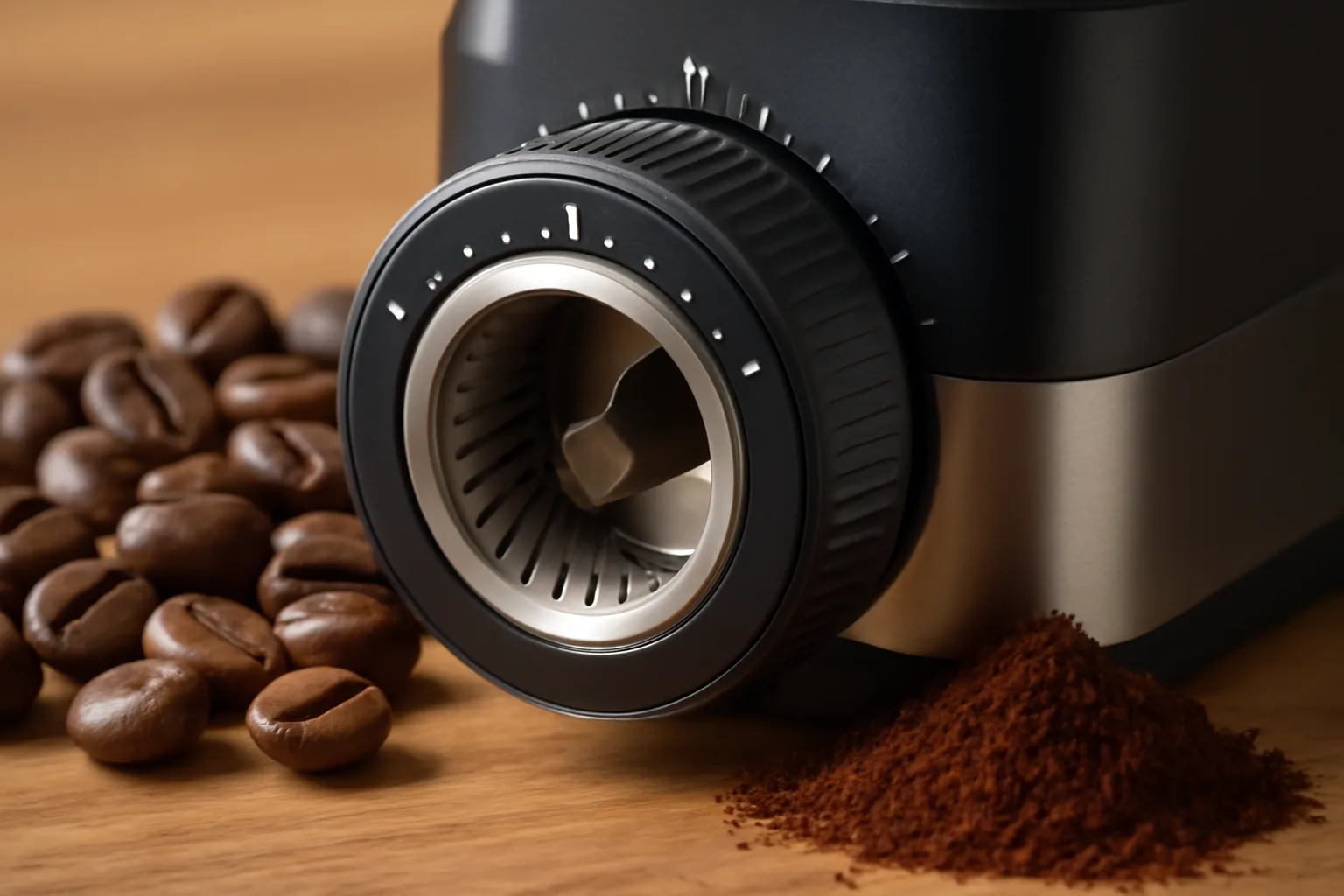 Close-up coffee grinder adjustment dial with ground coffee samples