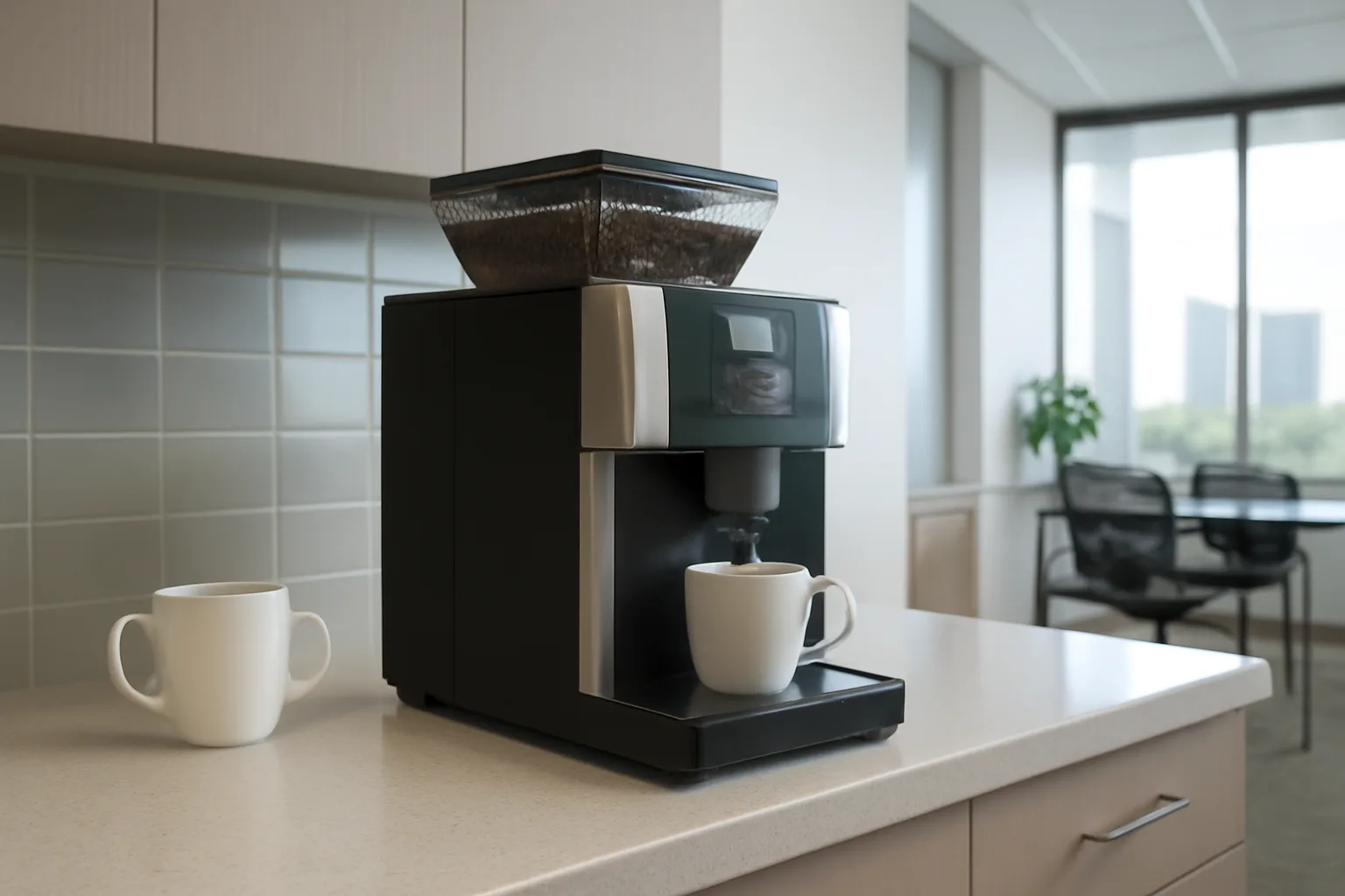 Commercial bean-to-cup coffee machine in an office kitchen