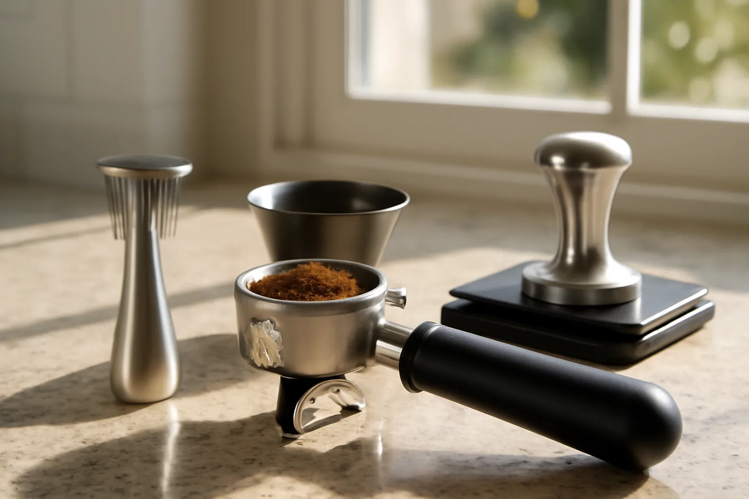 Espresso distribution tools arranged beside a prepared portafilter