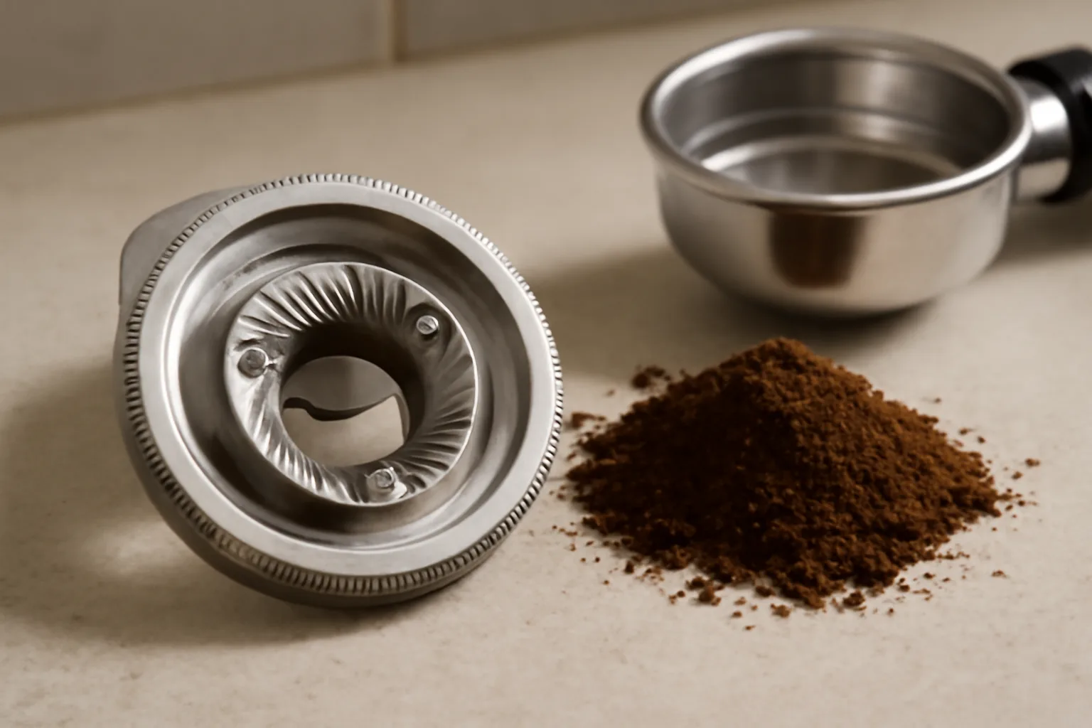 Coffee grinder burrs and fine espresso grounds beside a portafilter