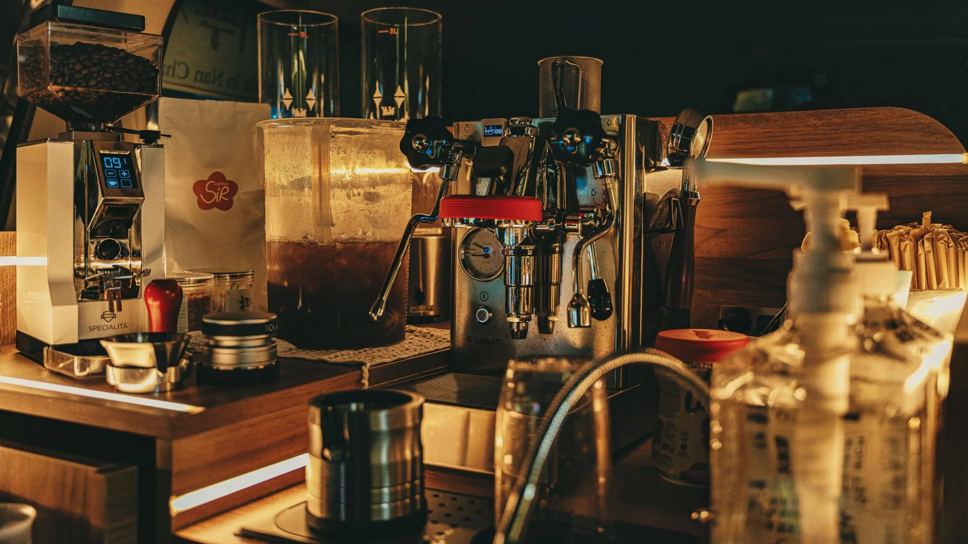 Home espresso grinder on a kitchen counter for burr replacement costs