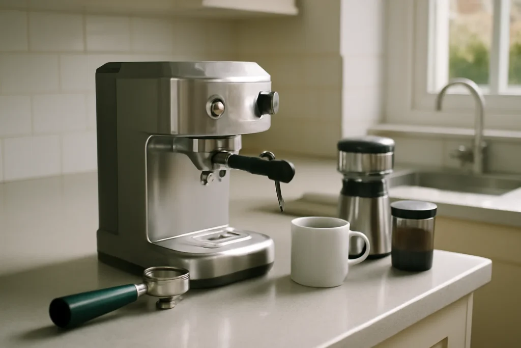 Espresso machine workflow on a home kitchen counter
