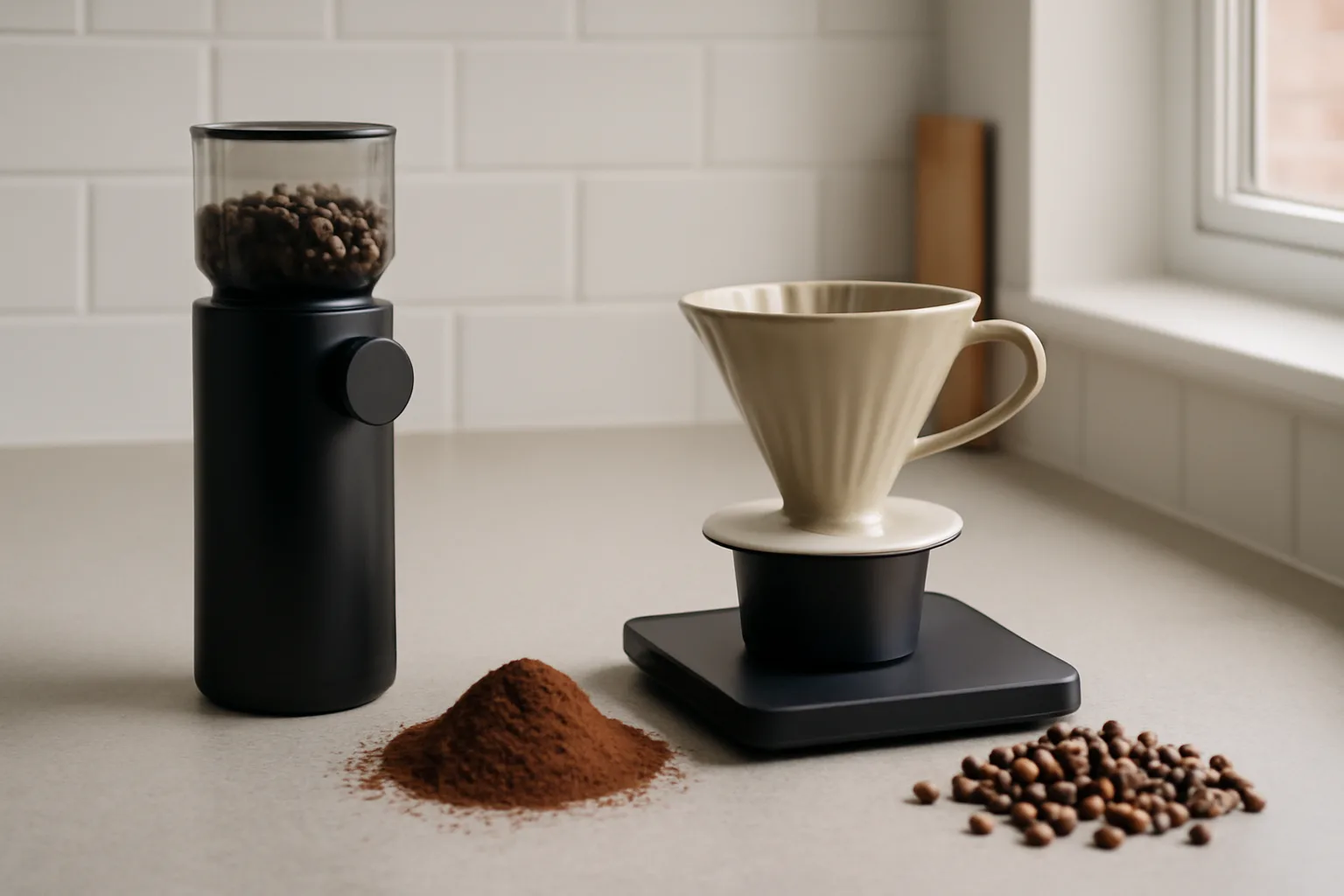 Filter coffee grinder settings setup with scales and dripper