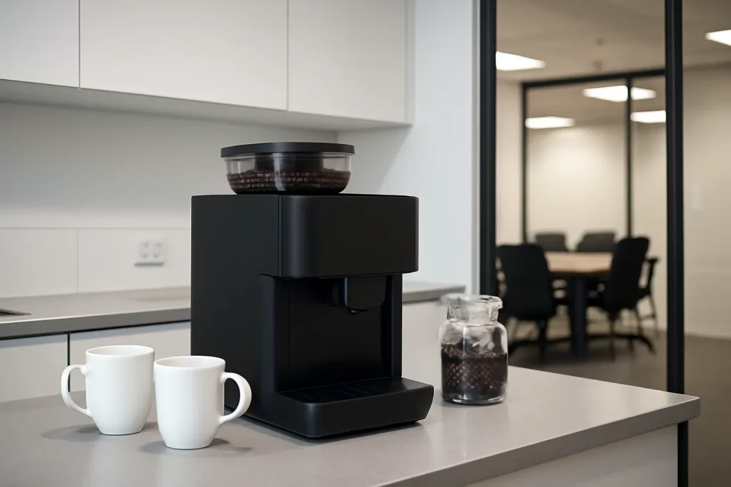 Office bean-to-cup coffee machine in a shared workplace kitchen