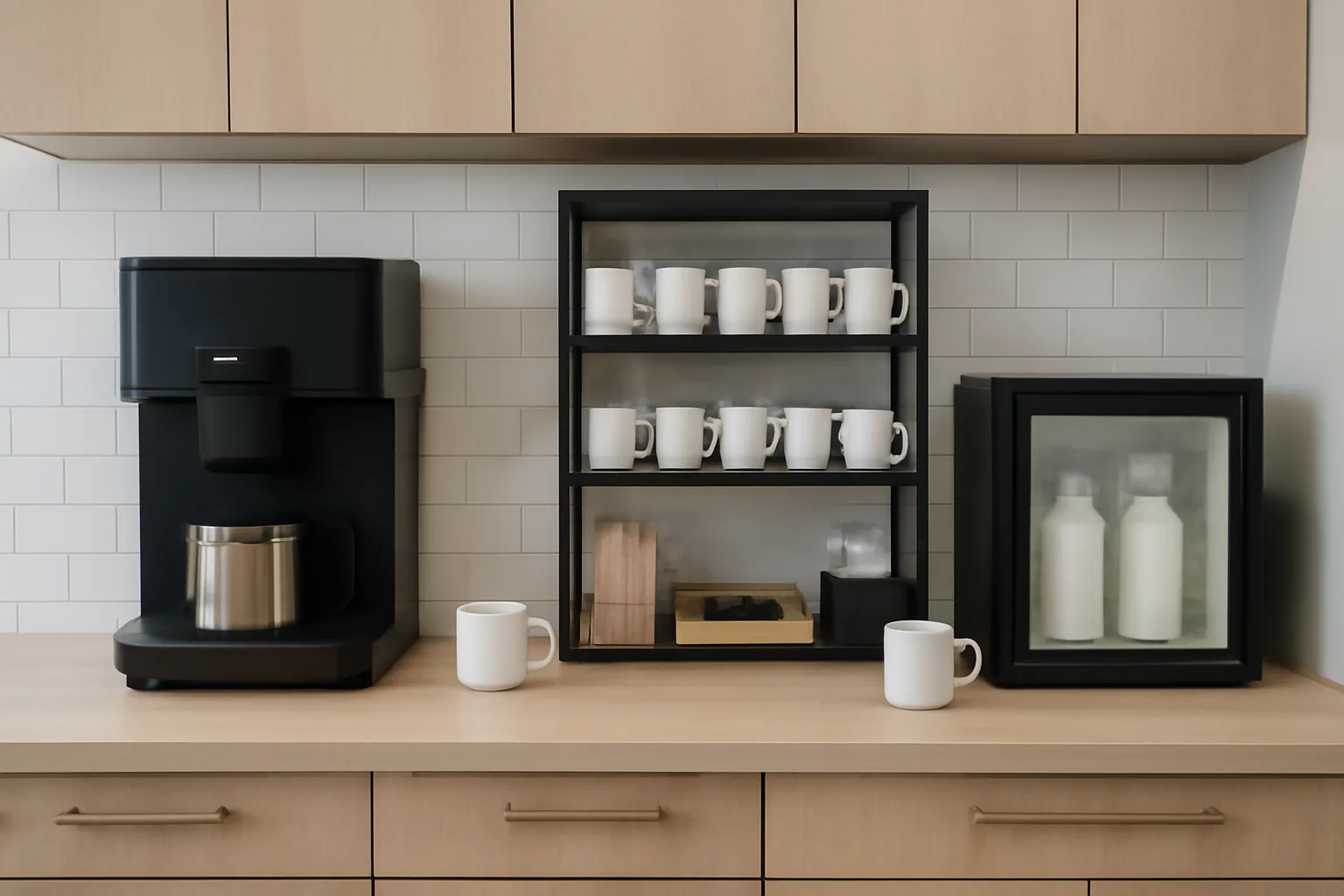 Office coffee station with machine mugs and milk fridge