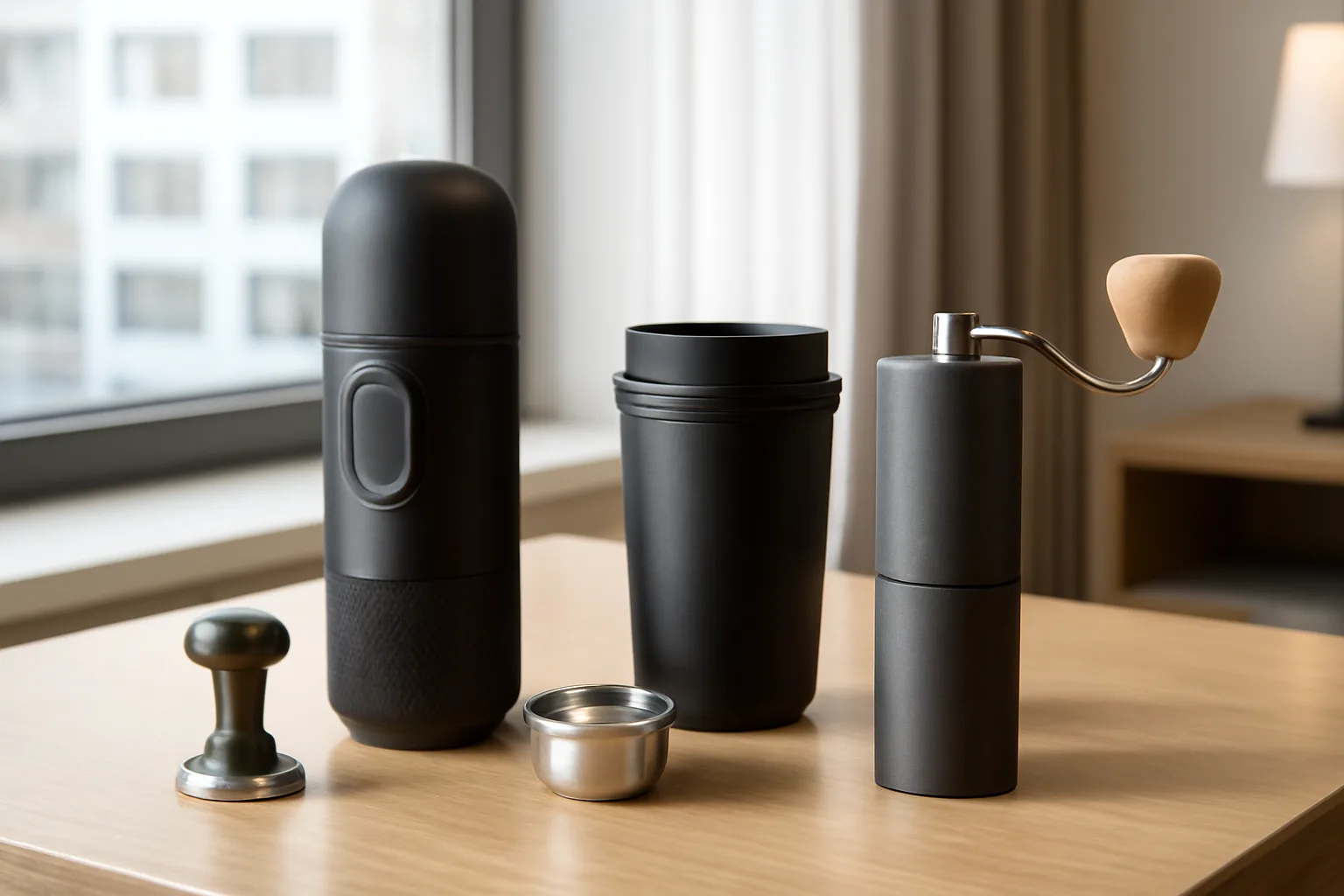Portable espresso maker with grinder and travel cup