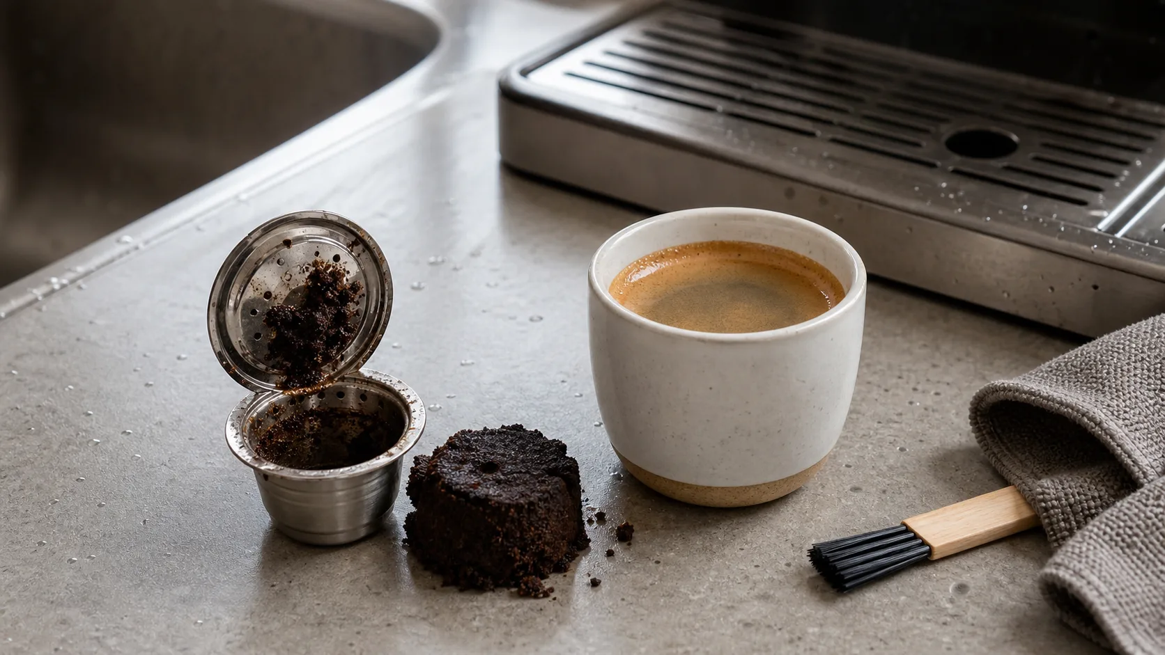 Reusable coffee pod after brewing with coffee and spent grounds