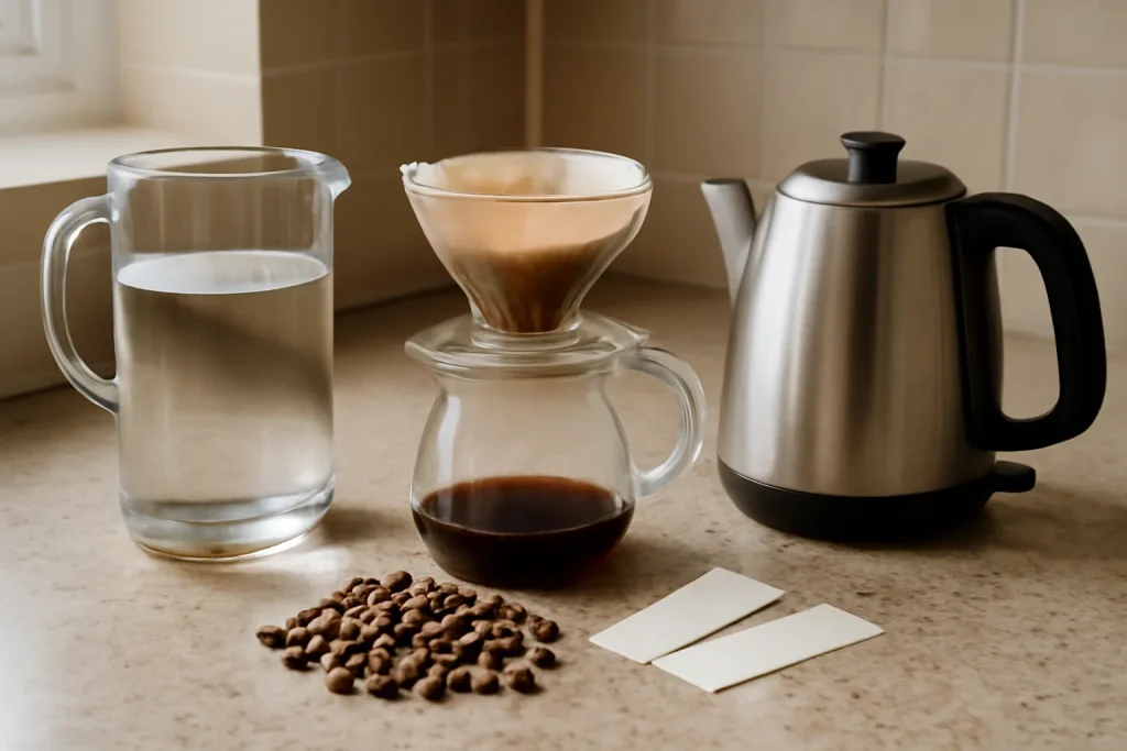 Water quality coffee taste setup with jug, kettle and dripper