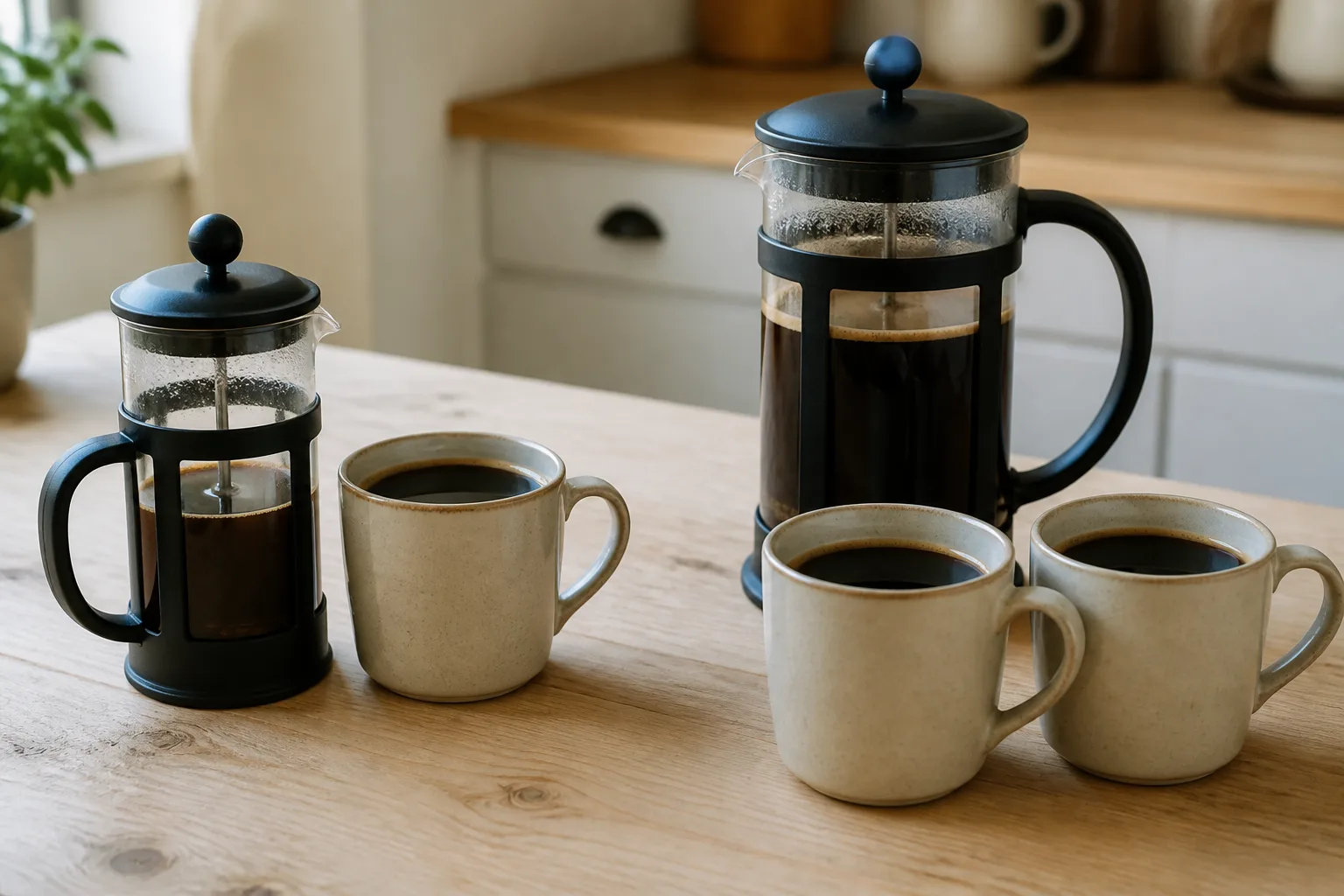 Small and large cafetieres beside one and two UK coffee mugs