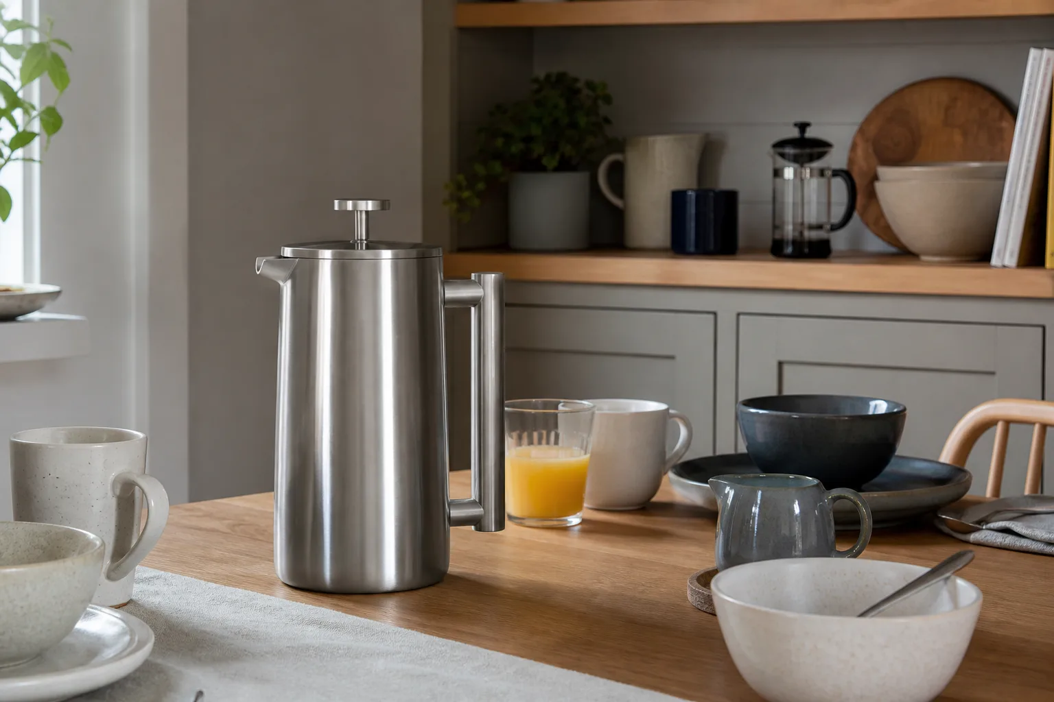 Large insulated cafetiere on a breakfast table with a compact glass press behind