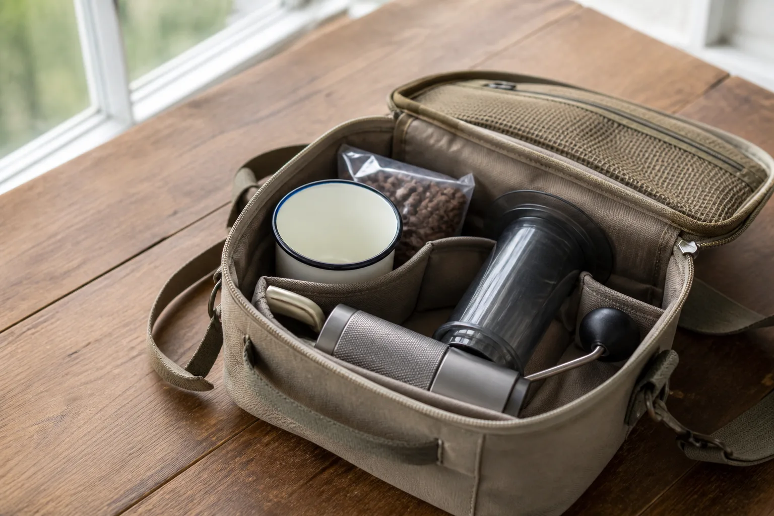 Compact hand coffee grinder packed with travel brewing equipment