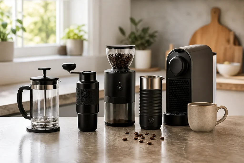 Coffee brewer, grinder and milk frother arranged as practical gifts